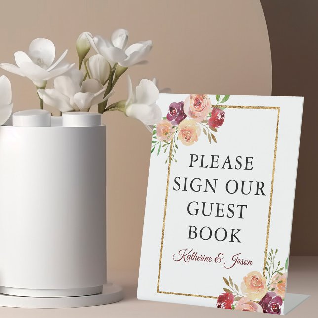 Burgundy Gold Floral Autumn Wedding Guest Book Pedestal Sign (Creator Uploaded)