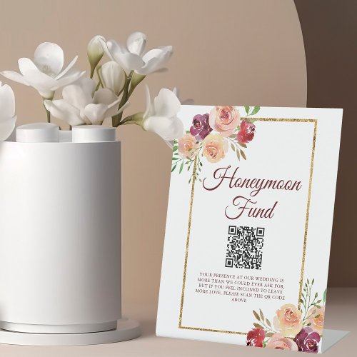 Burgundy Gold Floral Autumn Wedding Honeymoon Fund Pedestal Sign