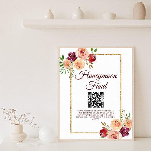 Burgundy Gold Floral Autumn Wedding Honeymoon Fund Poster
