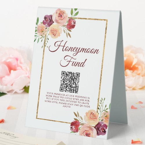 Burgundy Gold Floral Autumn Wedding Honeymoon Fund Table Tent