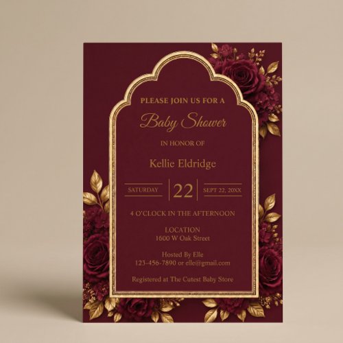 Burgundy & Gold Floral Baby Shower Invitation