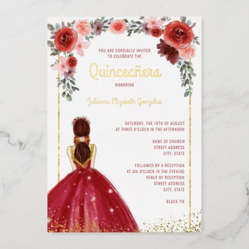 Burgundy Gold Floral Ball Gown 15th Quinceanera Foil Invitation