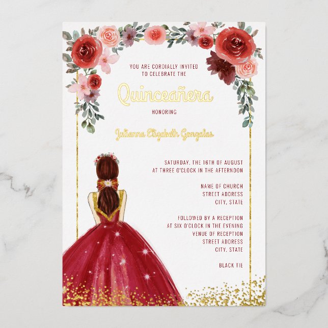 Burgundy Gold Floral Ball Gown 15th Quinceanera Foil Invitation (Front)