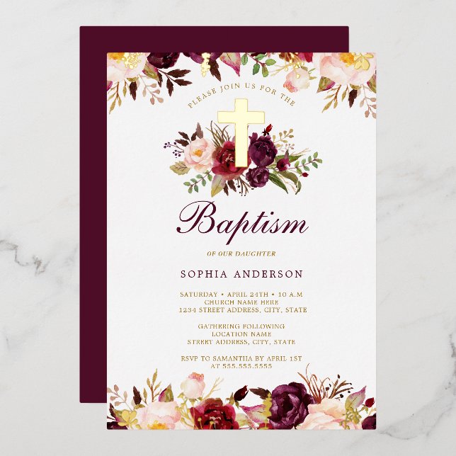 Burgundy Gold Floral Baptism  Foil Invitation (Front/Back)