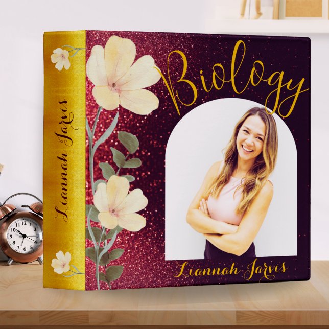 Burgundy & Gold Floral Biology Girls Photo Name  3 Ring Binder (Creator Uploaded)