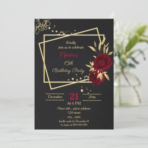 burgundy gold floral black birthday party invitation