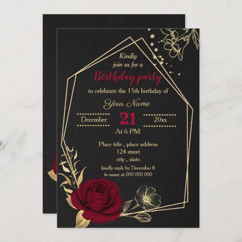 burgundy gold floral black birthday party invitation