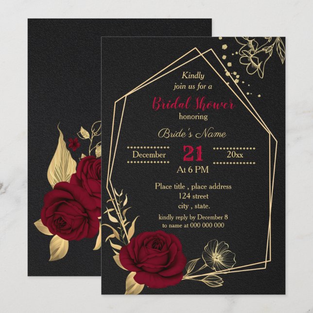 burgundy gold floral black bridal shower invitation (Front/Back)