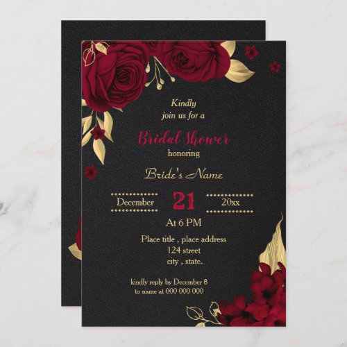 burgundy gold floral black bridal shower invitation