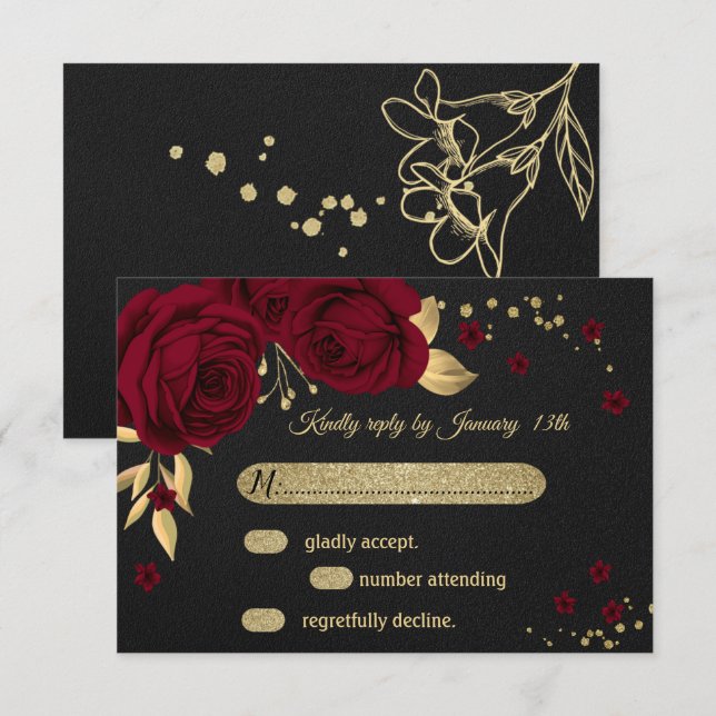 burgundy gold floral black RSVP card (Front/Back)