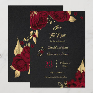 burgundy & gold floral black save the date