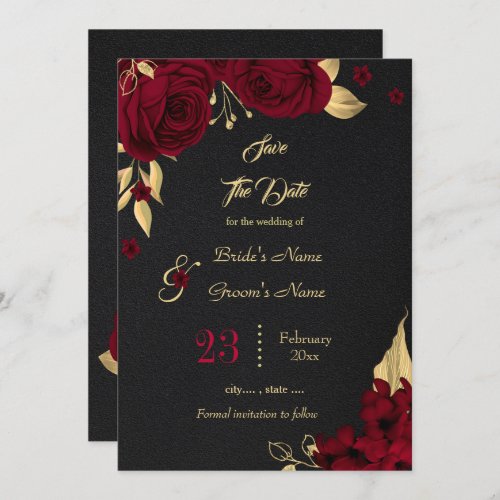 burgundy  gold floral black save the date