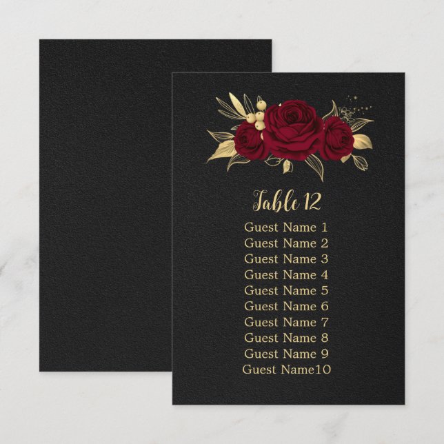 burgundy gold floral black seating chart card (Front/Back)