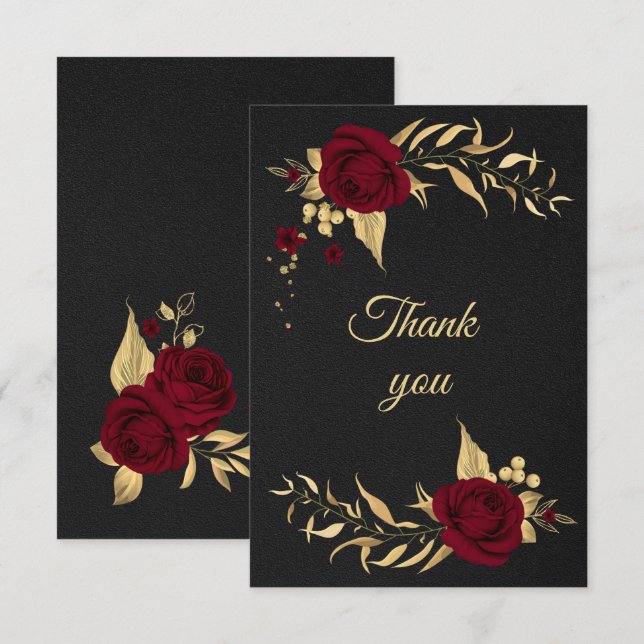 burgundy gold floral black thank you card (Front/Back)