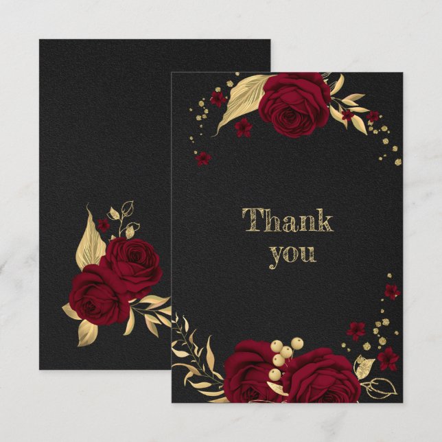burgundy gold floral black thank you card (Front/Back)