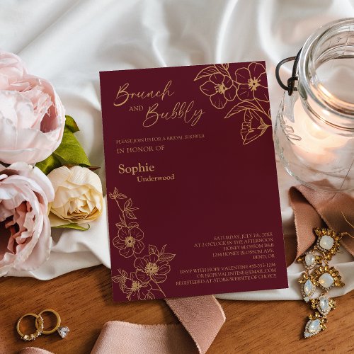 Burgundy Gold Floral Bridal Brunch And Bubbly Invitation