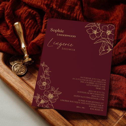 Burgundy Gold Floral Bridal Lingerie Shower Invitation