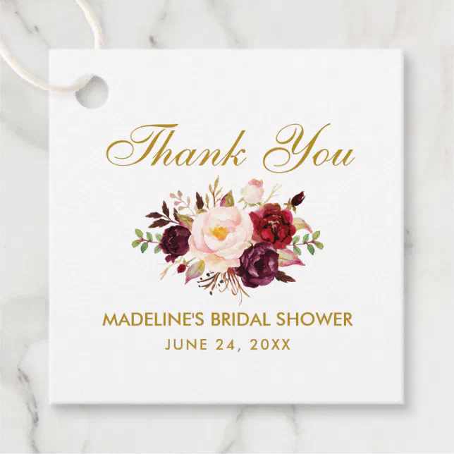 Burgundy Gold Floral Bridal Shower Thank You Favor Tags | Zazzle
