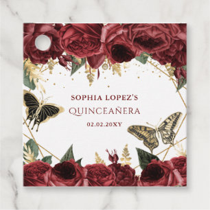 Burgundy Gold Floral Butterflies Quinceanera Favor Tags