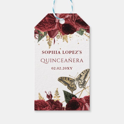 Burgundy Gold Floral Butterflies Quinceanera Gift Tags