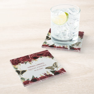 Burgundy Gold Floral Butterflies Quinceanera Glass Coaster