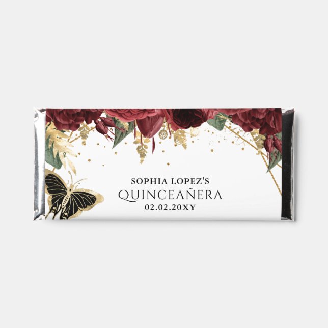 Burgundy Gold Floral Butterflies Quinceanera Hershey Bar Favors (Front)