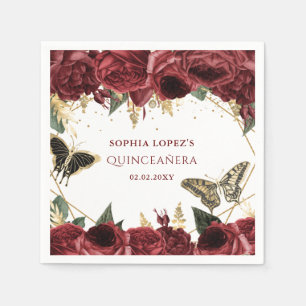 Burgundy Gold Floral Butterflies Quinceanera Napkins