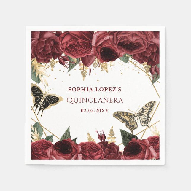 Burgundy Gold Floral Butterflies Quinceanera  Napkins (Front)