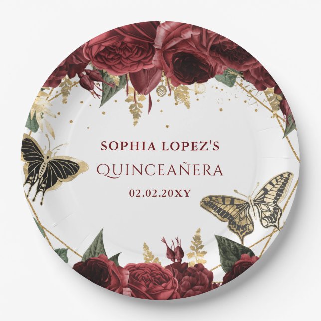 Burgundy Gold Floral Butterflies Quinceanera  Paper Plates (Front)