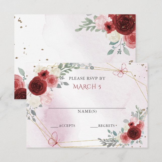 Burgundy Gold Floral Butterflies Quinceanera  RSVP Card (Front/Back)