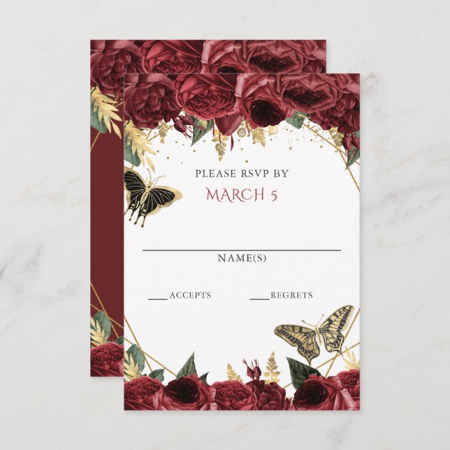 Burgundy Gold Floral Butterflies Quinceanera  RSVP Card (Front/Back)