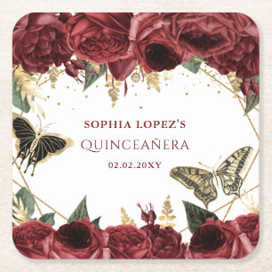 Burgundy Gold Floral Butterflies Quinceanera Square Paper Coaster