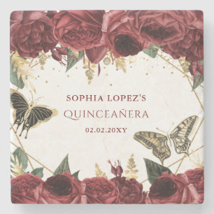 Burgundy Gold Floral Butterflies Quinceanera Stone Coaster