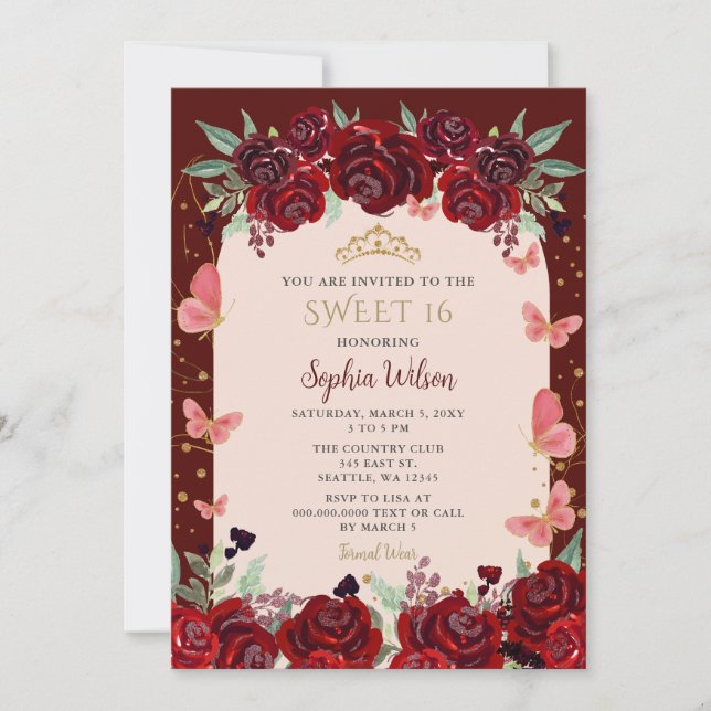 Burgundy Gold Floral Butterflies Sweet 16 Invitation (Front)