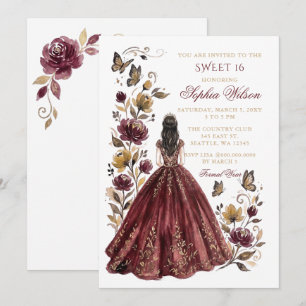 Burgundy Gold Floral Butterfly Princess Sweet 16 Invitation