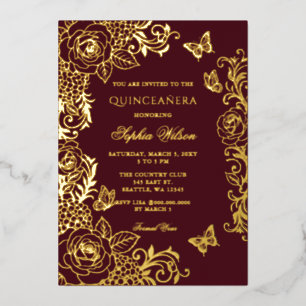 Burgundy Gold Floral Butterfly Quinceañera Foil Invitation