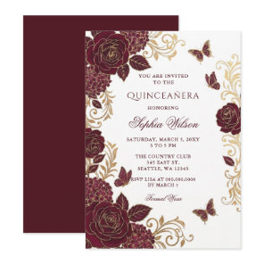 Burgundy Gold Floral Butterfly Quinceañera Invitation