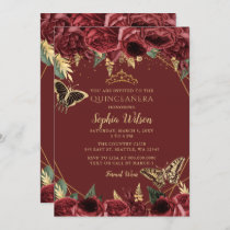 Burgundy Gold Floral Butterfly Quinceañera Quince  Invitation