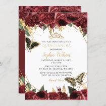 Burgundy Gold Floral Butterfly Quinceañera Quince  Invitation