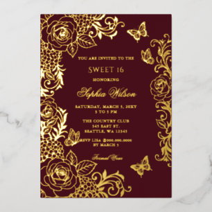 Burgundy Gold Floral Butterfly Sweet 16 Foil Invitation