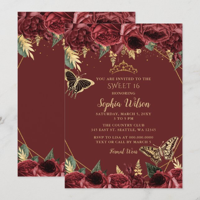 Burgundy Gold Floral Butterfly Sweet 16 Invitation (Front/Back)