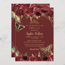 Burgundy Gold Floral Butterfly Sweet 16 Invitation