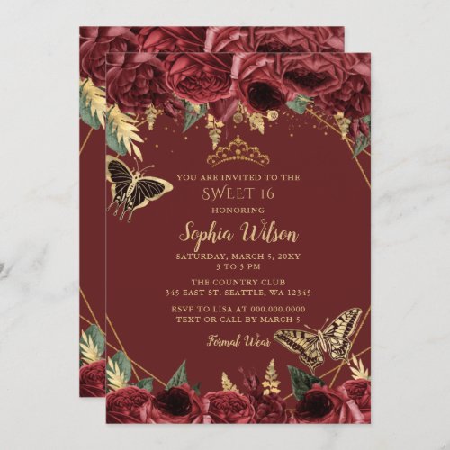 Burgundy Gold Floral Butterfly Sweet 16 Invitation