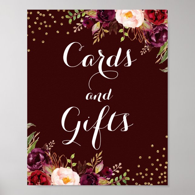 Burgundy Gold Floral Cards And Gifts Wedding Poster (Front)