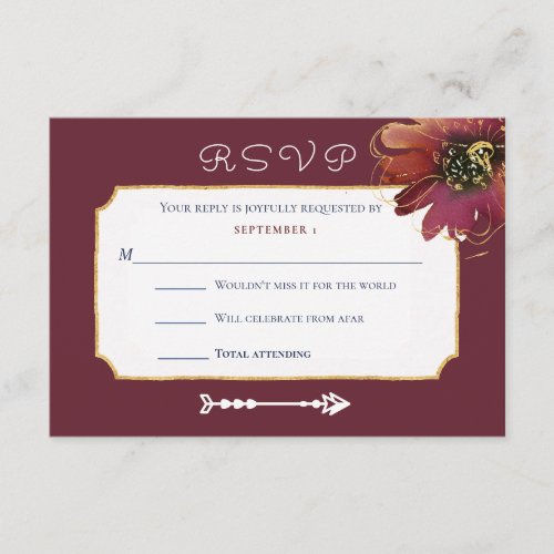 Burgundy Gold Floral Cassette Song Request Arrow Enclosure Card