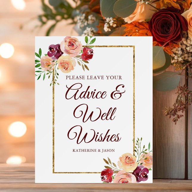 Burgundy Gold Floral Chic Autumn Wedding Advice Foam Board (Creator Uploaded)