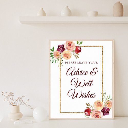 Burgundy Gold Floral Chic Autumn Wedding Advice Poster