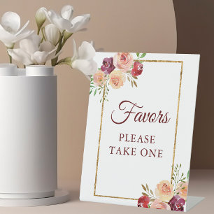 Burgundy Gold Floral Chic Autumn Wedding Favors Pedestal Sign