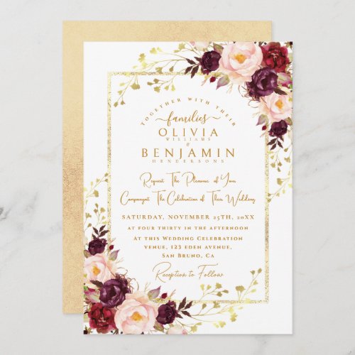 Burgundy Gold  Floral Chic Fall All In One Wedding Invitation