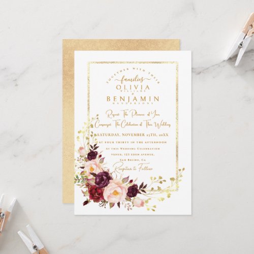 Burgundy Gold  Floral Chic Fall All In One Wedding Invitation
